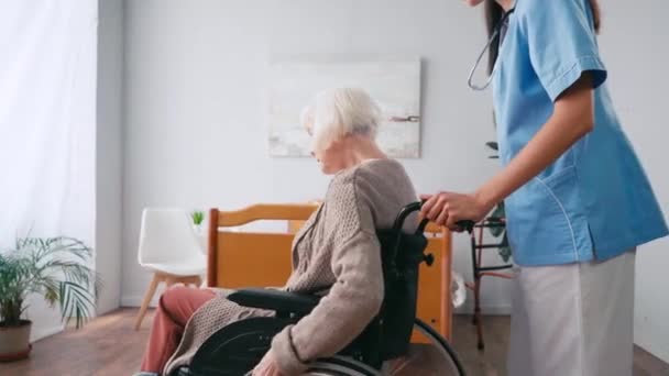 ブルネット看護師移動高齢者女性車椅子で部屋の周り — ストック動画