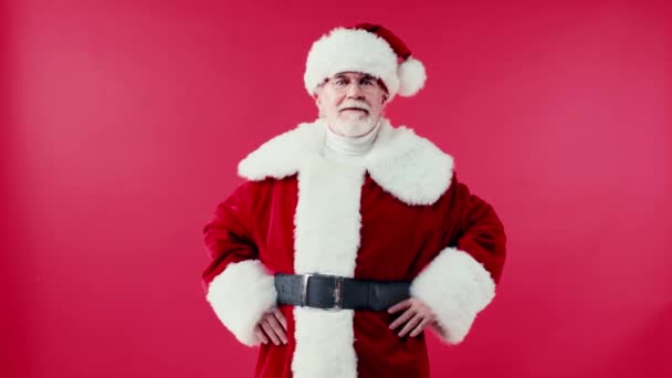 Happy Santa Claus Standing Hands Hips Open Arms Isolated Red — Stock Video