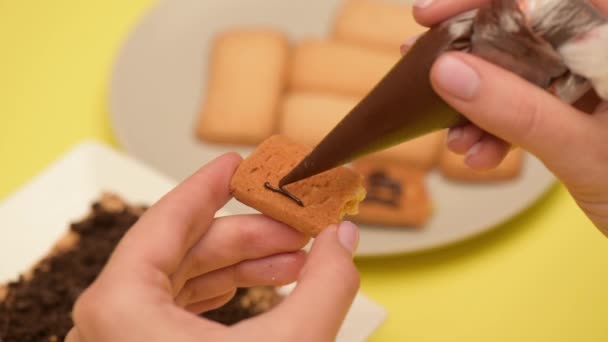 Foco Cremallera Mujer Apretando Letras Rasgar Con Chocolate Bolsa Confitería — Vídeos de Stock