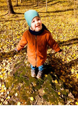 Sonbaharda parkta bir çocuk. Sarı yaprakların etrafında. Çocuk turuncu bir ceket, kot pantolon ve benzin kapağı giyiyor. Şaşkınlıkla, kollarını doladı. Ayaklarında ayakkabılar var. Güneş parlıyor, çocuk gülümsüyor.. 