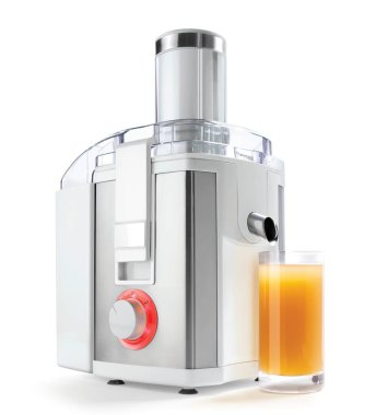 portakal suyu karıştırıcı ve beyaz üzerine izole edilmiş portakal suyu 