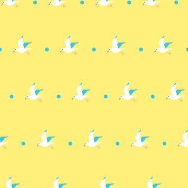 Sarı arka plan üzerinde sorunsuz martılar desen. Martılar ile şirin hafif ve tatlı kartpostal