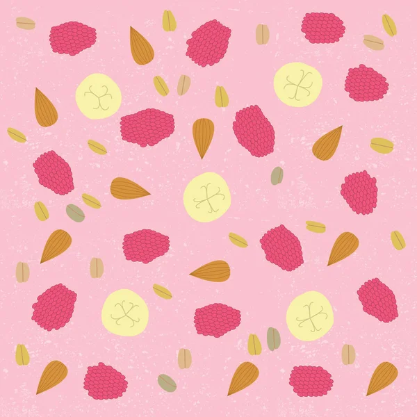 달콤한 바나나 아몬드 견과류와 분홍색 배경에 요구르트와 식사와 일러스트 — 스톡 벡터