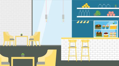 Kahve dükkanı arka plan. Modern Cafe iç. Hiçbir insan. Restoran. Düz vektör çizim