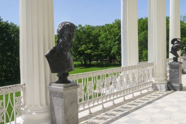 Mavi gökyüzü ve yeşil çim ile Puşkin içinde büstü