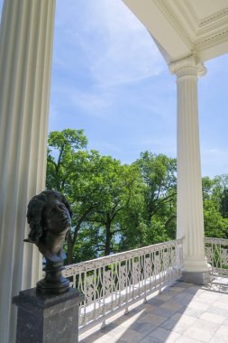Mavi gökyüzü ve yeşil çim ile Puşkin içinde büstü