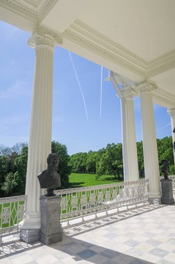 Mavi gökyüzü ve yeşil çim ile Puşkin içinde büstü