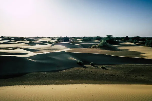 Prachtige Zonsondergang Achter Duinen Met Camel Caravane Een Expeditie Woestijn — Stockfoto