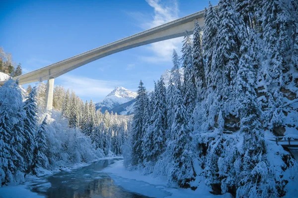 Beautiful winter wonderland scenery with snow on trees, bridge Punt d\'En Vulpera and frozen river in Graubuenden, Engadin
