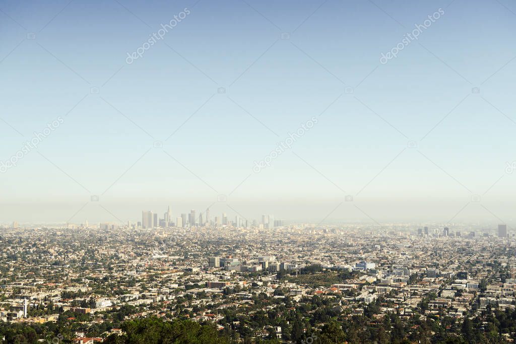 Panoramic view of LA downtown and suburbs from the beautiful Griffith Observatory in Los Angeles