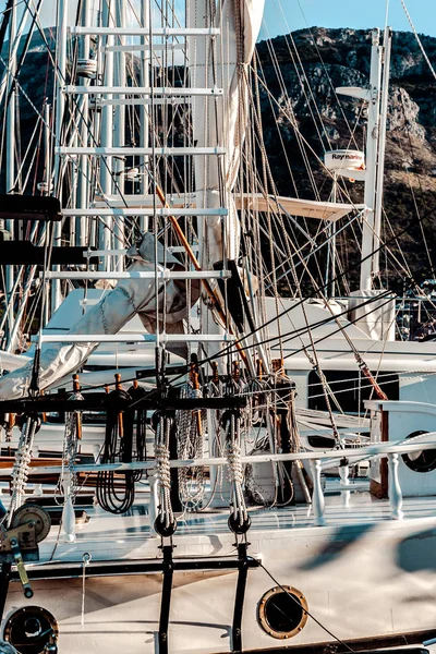 details of the ships. Masts, sails, ropes and sea knots of yachts