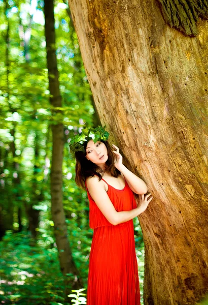 美丽的女孩在森林中的红色礼服 — 图库照片