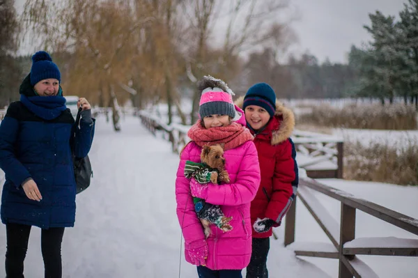 Család Kutyájával Sétálni Park Télen Hóban Gyermek Sapka Élvezze Természetet — Stock Fotó