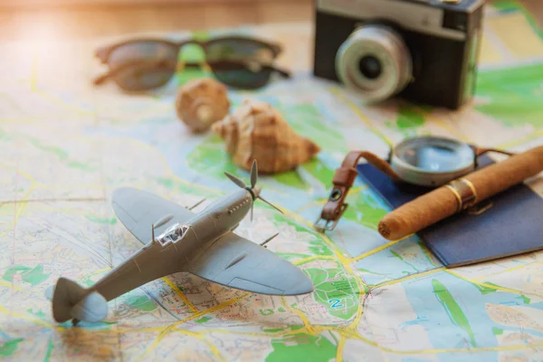 Set Viaggiatore Vista Dall Alto Macchina Fotografica Aeroplano Bussola Sono — Foto Stock