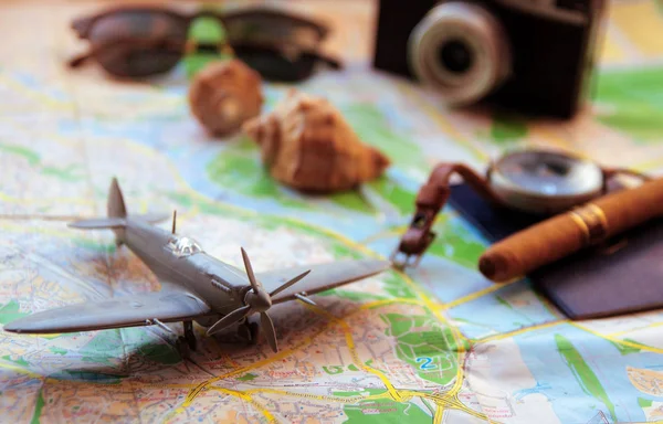 Set Viaggiatore Vista Dall Alto Macchina Fotografica Aeroplano Bussola Sono — Foto Stock