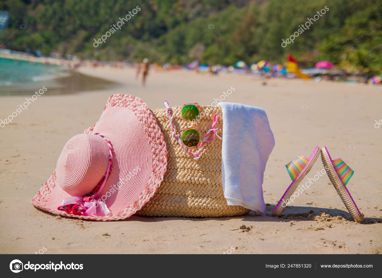 Beach Accessories Bag Straw Hat Sunglasses White Beach Vacation Travel Stock Photo C Yan C Bigmir Net 247851320