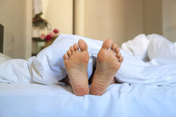 Heels Bed Close Feet Care Sleeping Relax Concept Lazy Morning — Stock Photo, Image