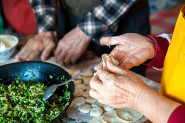 Geleneksel Çin köfte. Et ve yeşillikler ile ev yapımı köfte pişirme.