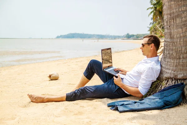 evde çalışma, dizüstü bilgisayar ve palm, serbest meslek sahibi işyeri, sahilde rahatlatıcı iş adamı iş hayal