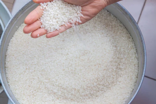 Manos Con Arroz Cerca Cómo Elegir Arroz —  Fotos de Stock