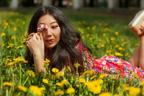 Jeune Femme Asiatique Heureuse Dans Domaine Avec Des Pissenlits Dans — Photo