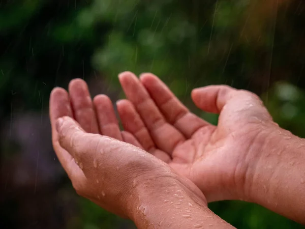 Regnigt Väder Regndroppar Faller Kvinnors Hand — Stockfoto