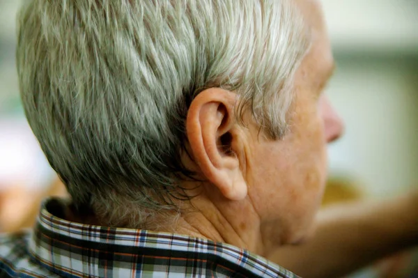 aging hearing loss with an elderly ear close up of an old man with grey hair as a health care medical concept of losing the ability and human sense of hearing due to age and disease.