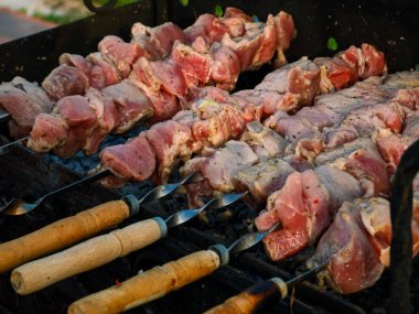 lezzetli domuz ateşi üzerinde ızgara, doğada Barbekü, et pişirme. duman koku.