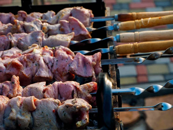 lezzetli domuz ateşi üzerinde ızgara, doğada Barbekü, et pişirme. duman koku.
