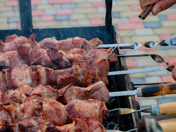 lezzetli domuz ateşi üzerinde ızgara, doğada Barbekü, et pişirme. duman koku.