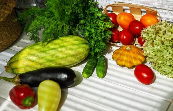 Verduras Frescas Verano Sobre Fondo Hormigón — Foto de Stock