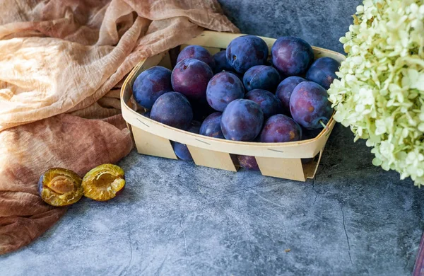 Delicious fresh blue plums on slate background.