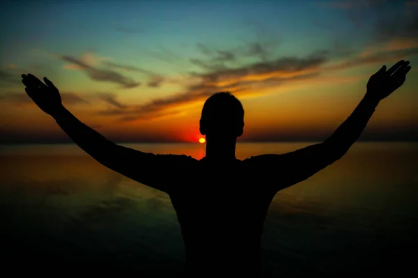 Silhouette Freedom Man Sunset — Stock Photo, Image