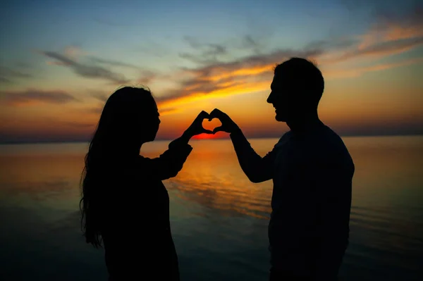 Couple Love Date Orange Sunset Summer Silhouette Man Woman Sunny — Stock Photo, Image