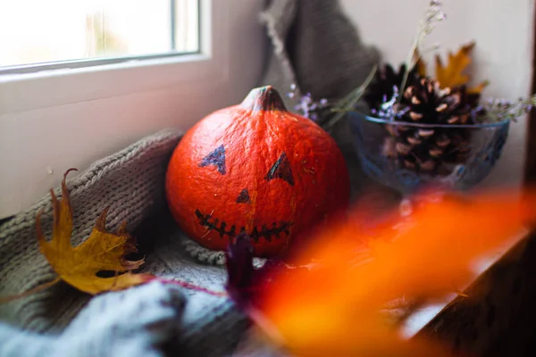 Halloween pumpkin in the mystical house window .