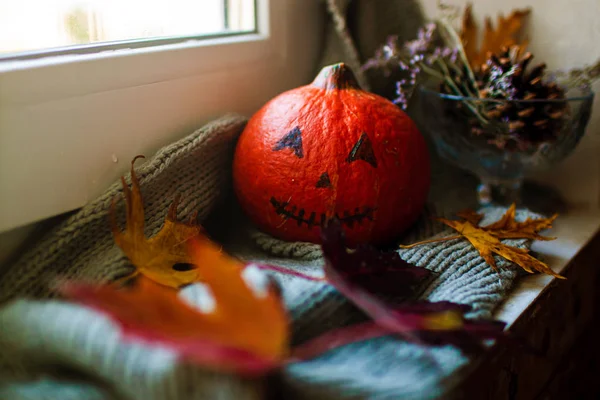 Halloween pumpkin in the mystical house window .