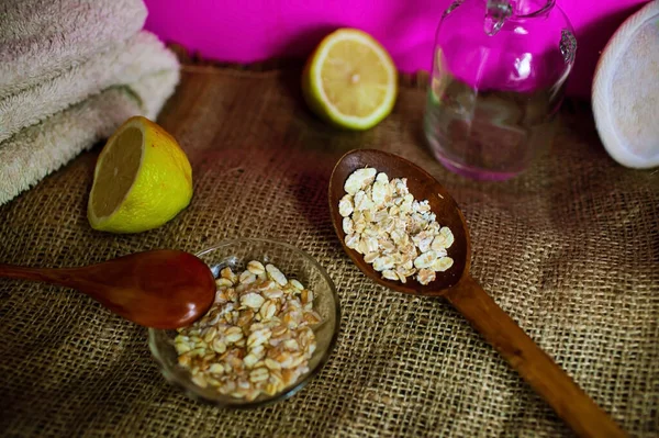 Natural Skin Cleansing Product For Body And Face. Homemade Face Mask With Cereal And Lemon.