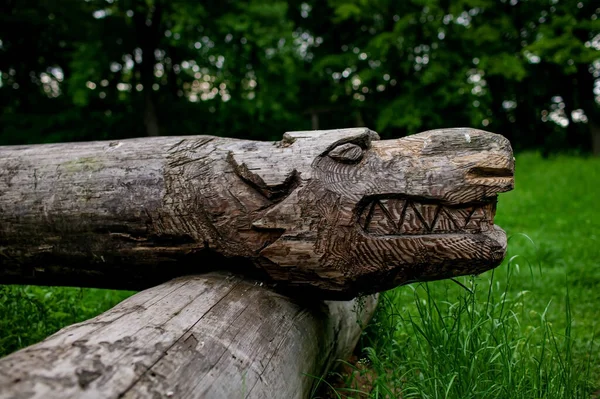 Pilares Rituales Estatua Madera Bosque Ucrania — Foto de Stock