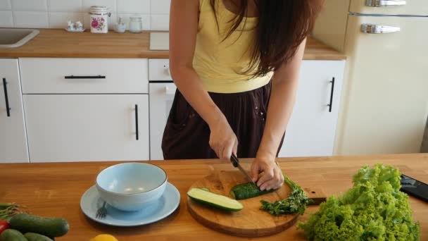 Glad Kvinnlig Matlagning Grönsakssallad Hälsosam Livsstil — Stockvideo