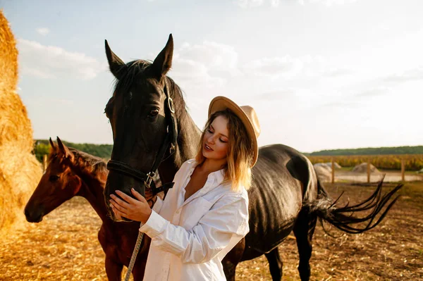 Une Jeune Fille Tient Près Troupeau Chevaux Dans Une Ferme — Photo