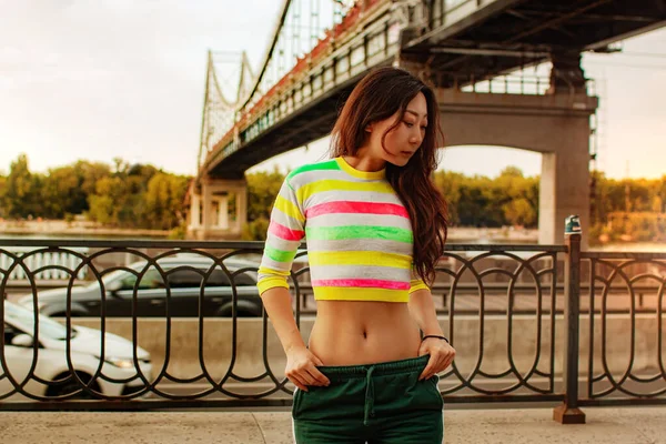 Asian Girl Athlete Resting Doing Sports City Street — Stock Photo, Image