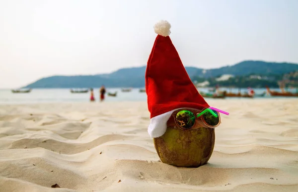 Kokosnoot Santa Claus Hoed Tropisch Strand — Stockfoto