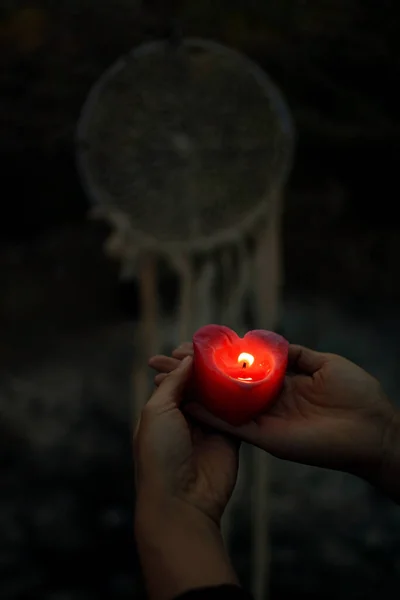 Burning Candle Women Hand Night Close — Stock Photo, Image