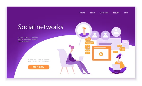 Dizüstü bilgisayarlar ile genç kızların sosyal ağlarda iletişim, mesaj yazmak için online sohbet odaları, sohbet etmek ile sokulgan, hakkında bilgi almak, videoları sonrası. Açılış sayfası, vektör çizim