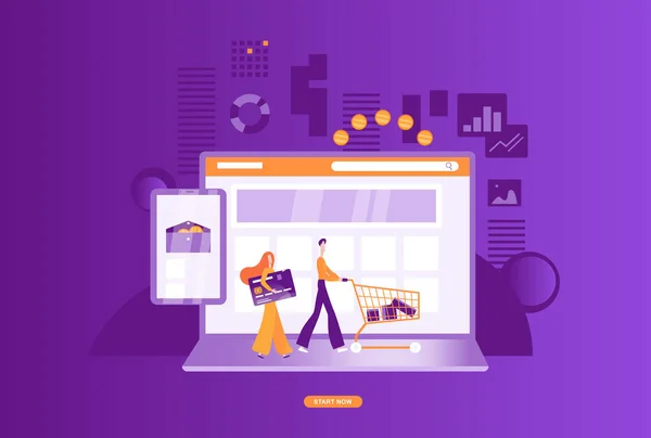 Online alışveriş. Bir elektronik cüzdan, banka kartı kullanarak bir çevrimiçi mağazadan satın alma süreci Illustration. Infographics kar ve e-ticaret iş büyüme. Vektör