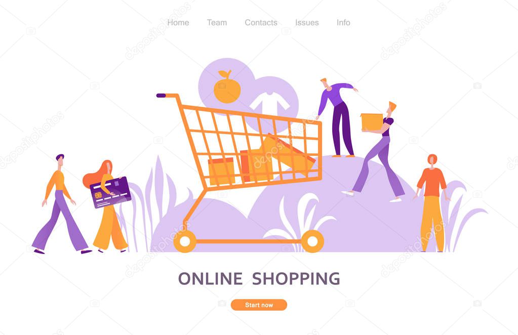 Online shopping, e-store buyers, filling the shopping cart with good, shipment of goods to consumers, payment with credit bank card. Trend flat vector illustration