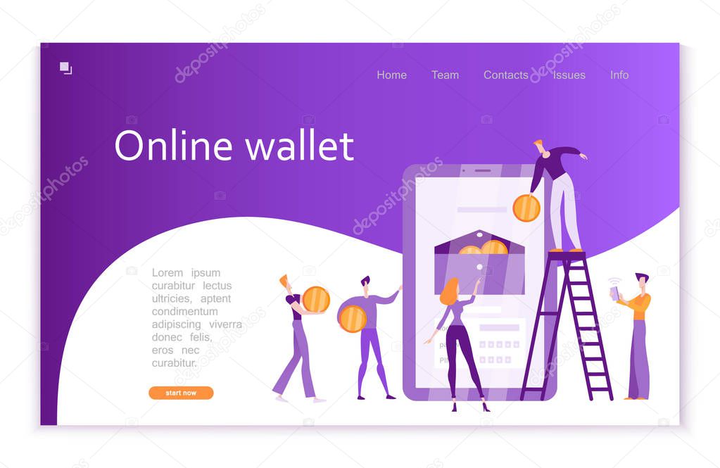 Online wallet, process of registering users, storing money and making online transactions on the Internet using web services, mobile applications and devices, landing page, vector illustration
