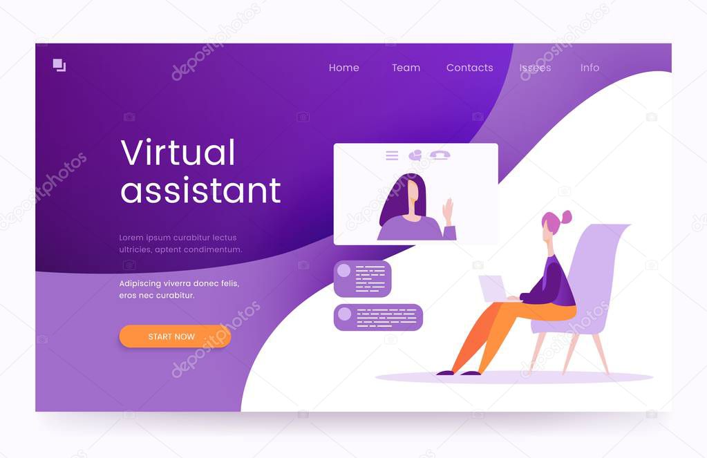 Virtual assistant, the concept of landing page. A young woman with a laptop communicates with a chatbot in a chat room. Ultraviolet and orange, vector illustration