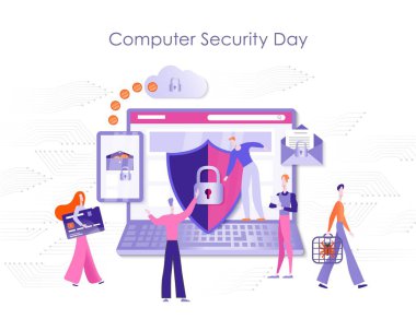 Bilgisayar güvenlik gün, kişisel bilgisayar, online ödeme, banka kartları, e-posta, spam ve virüs koruma koruma. Renkli vektör çizim modern web sitesi