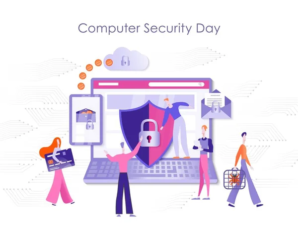 Computer Security Day Protection Personal Computer Online Payments Bank Cards — Stock Vector